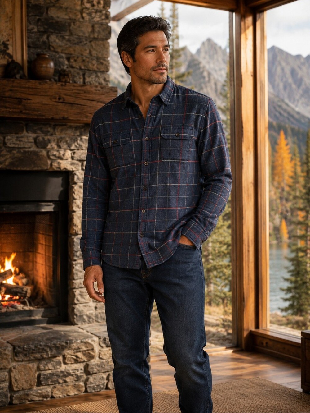 Faherty Brushed Flannel Windowpane Plaid Work Shirt Navy Red Size M